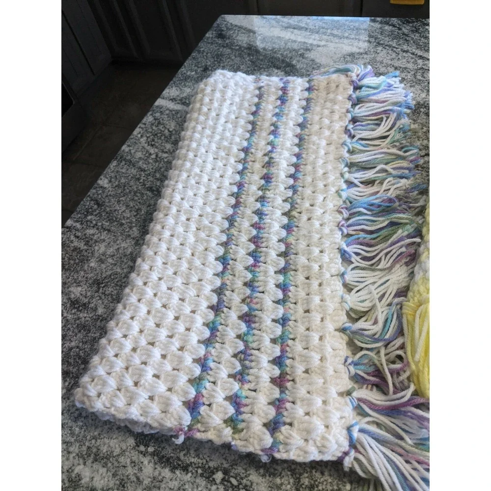 Two Vintage Handmade Crocheted Lap Blankets With Fringe